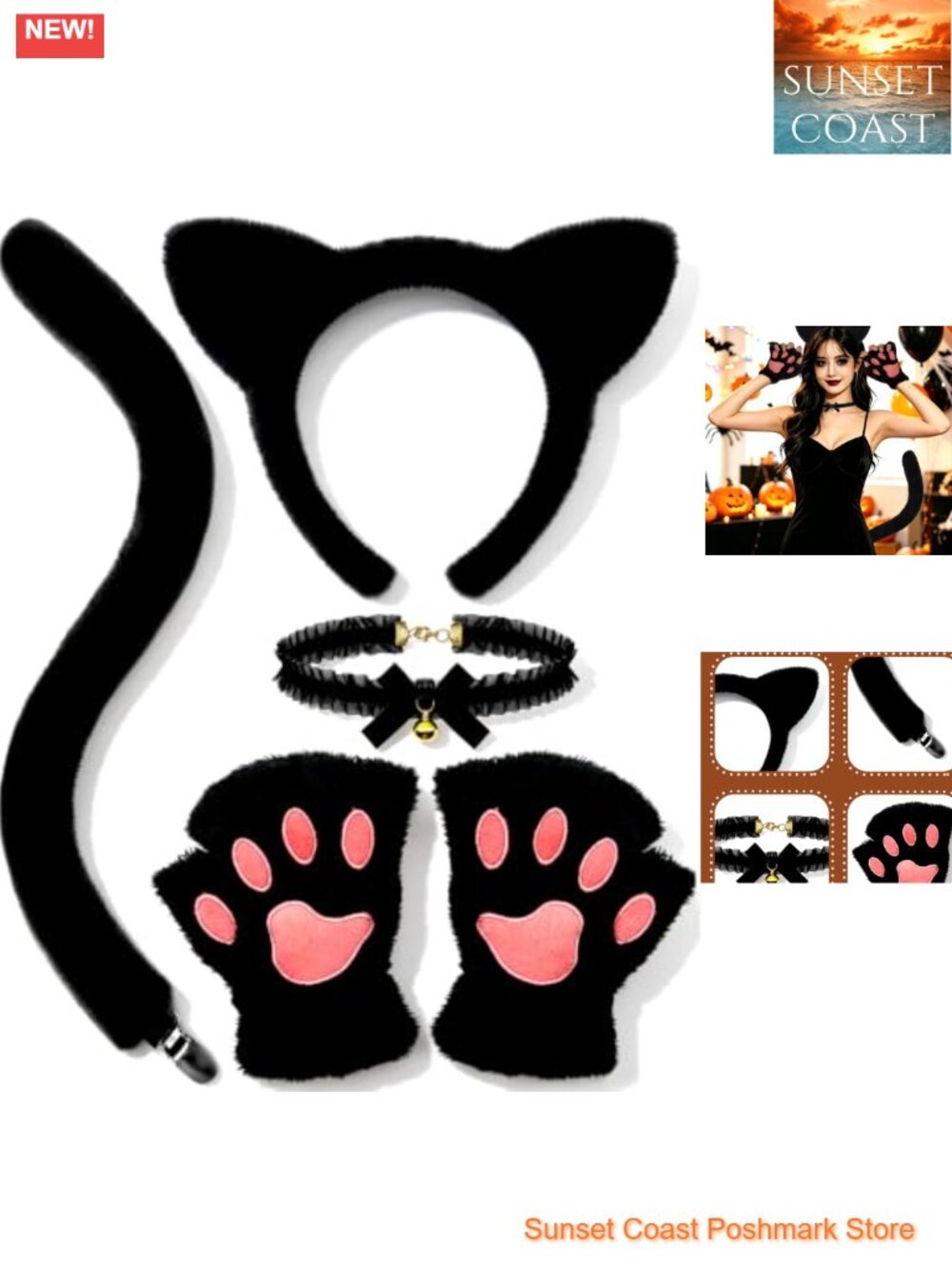 Black Cat Costume Accessory Set Headband Tail Choker Paw Gloves Halloween